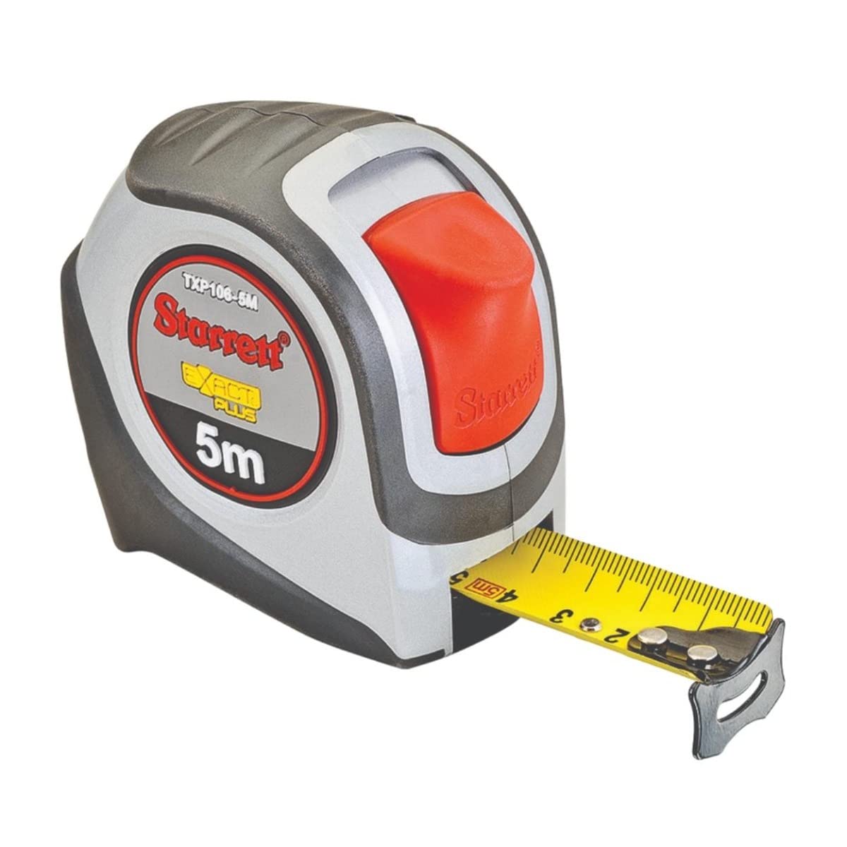 Starrett Exact Plus Retractable Metric Pocket Tape Measure with Nylon Coating and Black Anodized Steel Belt Clip - 1.06" Width, 5m Length - KTXP106-5M-N - Image 1