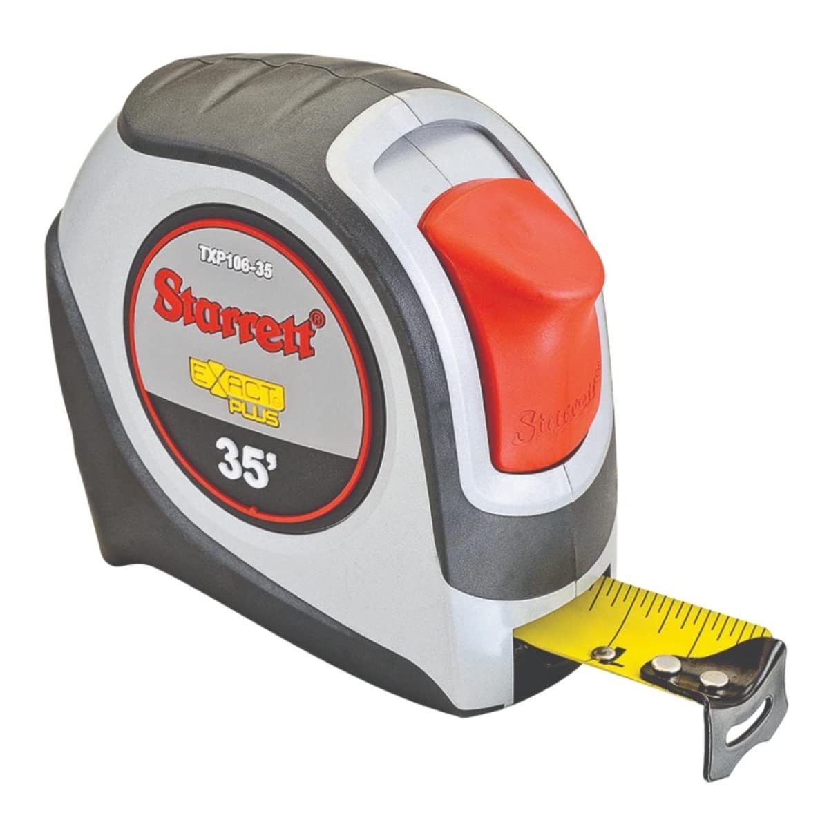 Starrett Exact Plus Retractable Imperial Pocket Tape Measure with Nylon Coating, Self Adjusting End Hook, and Black Anodized Steel Belt Clip - 1.06" Width, 35' Length - KTXP106-35-N - Image 1