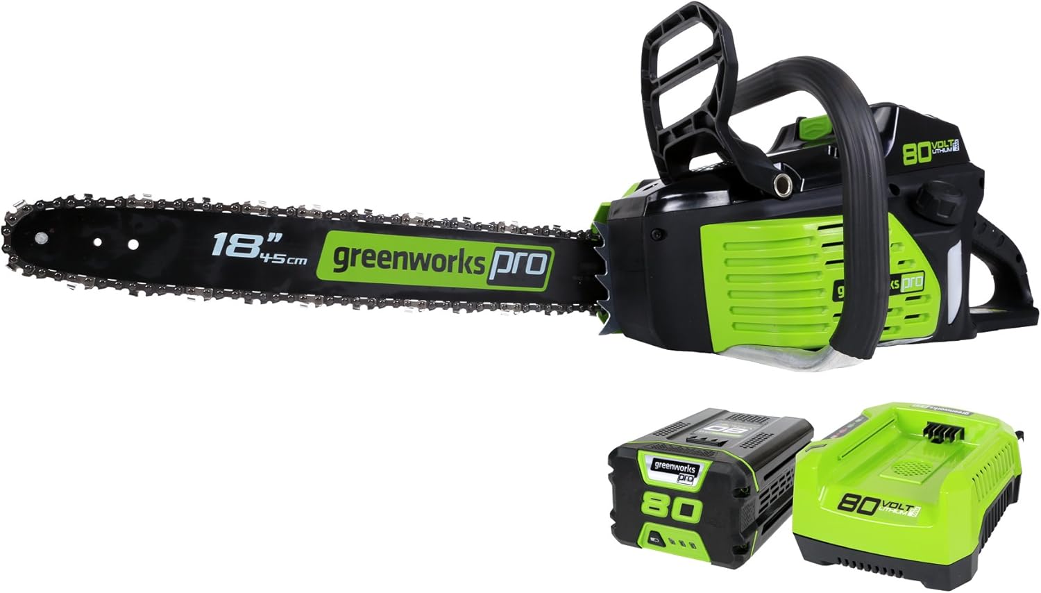 Greenworks 80V 18" Brushless Cordless Chainsaw (Great For Tree Felling, Limbing, Pruning, and Firewood) / 75+ Compatible Tools), 2.0Ah Battery and Rapid Charger Included - Image 1