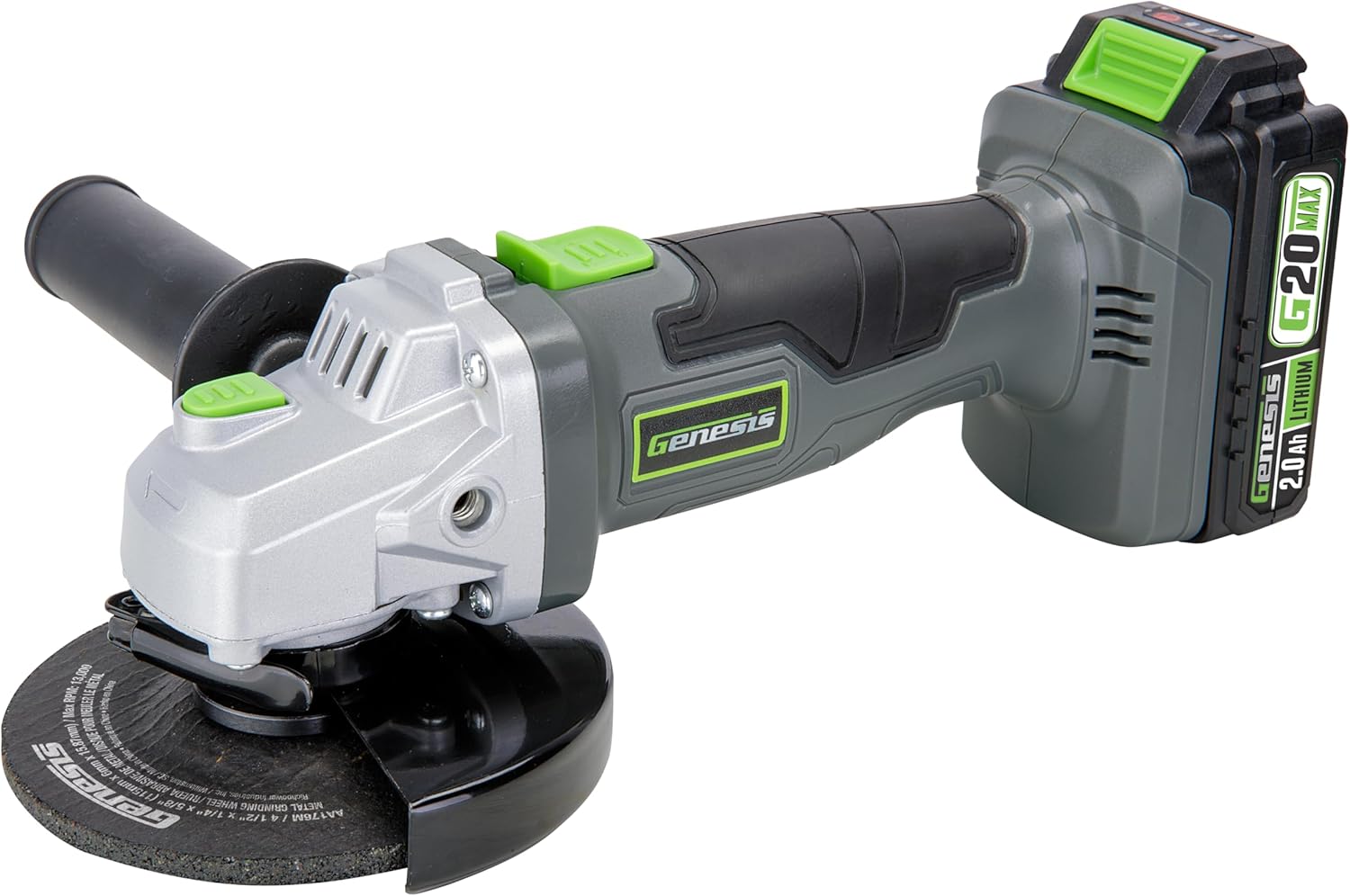 Genesis 20V Cordless Angle Grinder with Battery and Charger, including Metal Grinding Wheel, Tool-Less Wheel Guard, Auxiliary Handle, 2 Year Warranty (GLAG2045B) - Image 1