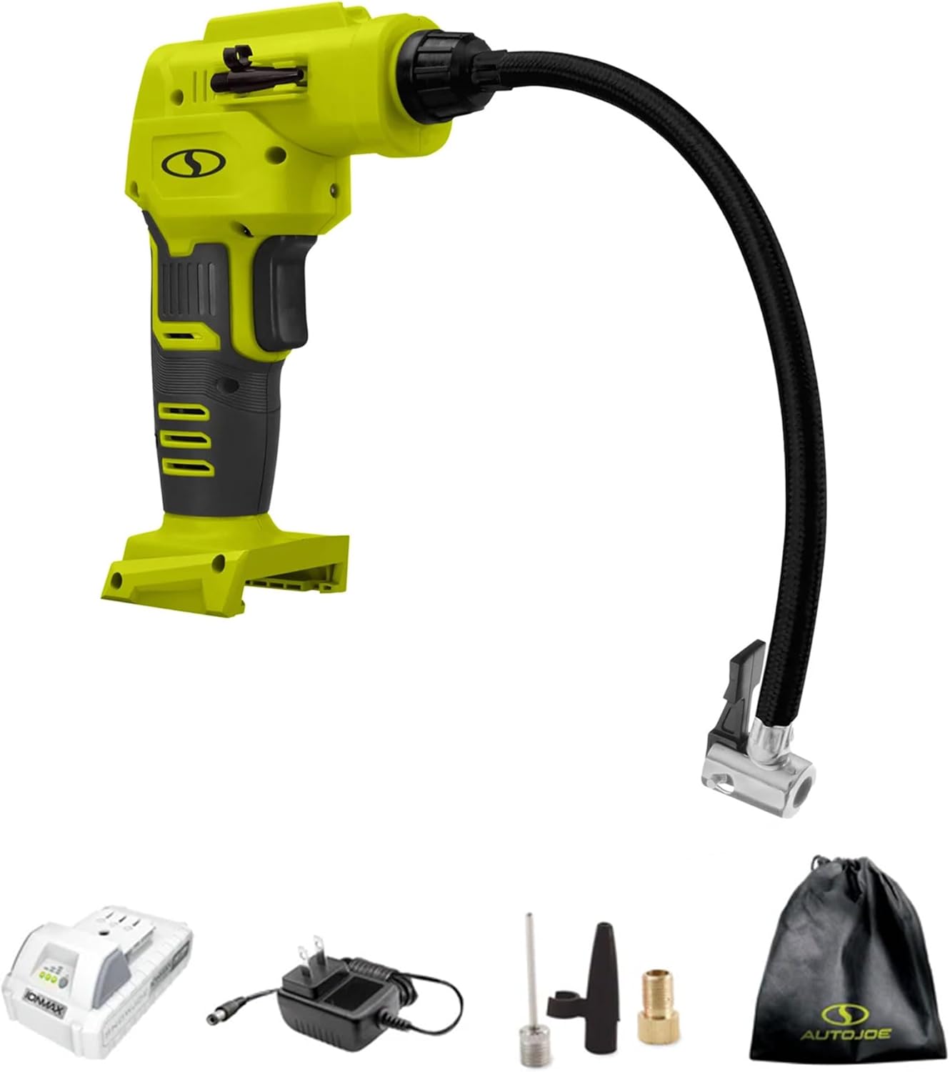 Sun Joe Cordless Tire Air Inflator and Compressor Kit w/ 2.0-Ah Battery, Charger and Nozzle Adapters - Portable Battery-Powered Inflating Tool for Car Wheels, Pools, and Bikes, IONMAX 24V-AJC-LTE - Image 1