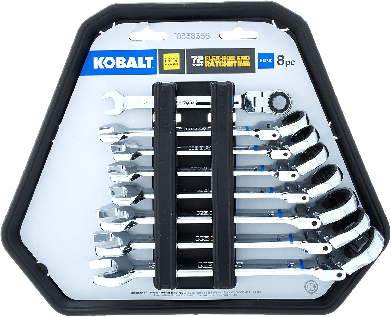 Kobalt 338366 8-Piece 90-Tooth 12-Point Ratcheting Flex-head Combination Wrench Set, Metric, includes 10, 11, 12, 13, 14, 15, 17 and 18-mm Wrenches - Image 1