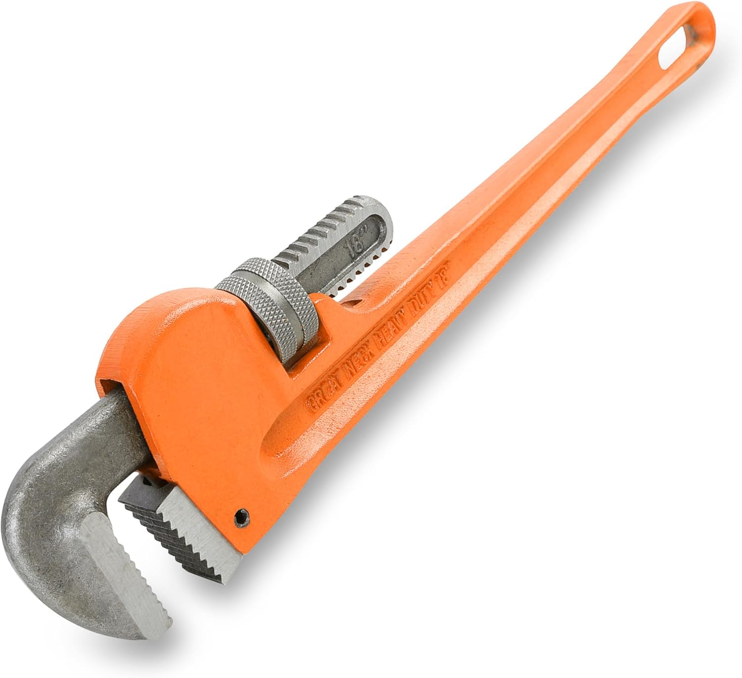18" Pipe Wrench, Automotive & Plumbing, Handy for Tackling a Variety of Auto, DIY, and Household Jobs, Adjustable Jaw, Orange Color, GreatNeck PW18 - Image 1