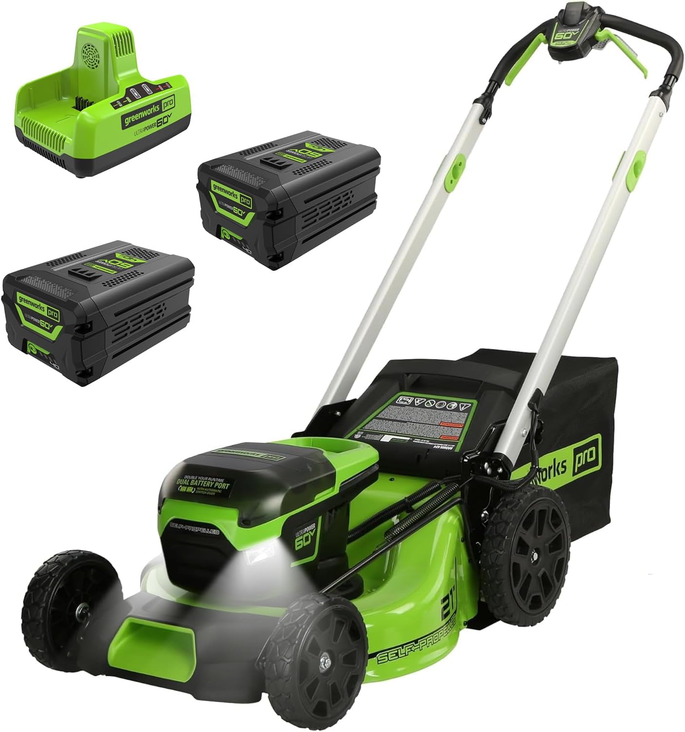 Greenworks 60V 21" Self-Propelled Cordless Lawn Mower, Brushless Motor, LED Lights, Includes 2X 4.0Ah Batteries & Rapid Dual-Port Charger(75+ Tool Compatibility, 45Min Runtime) - Image 1