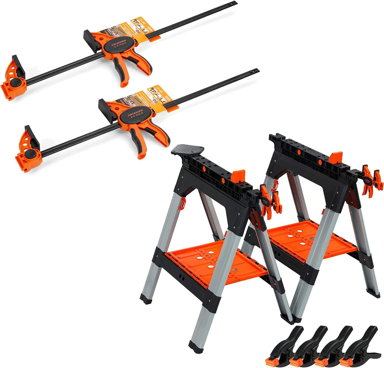 Jorgensen 24" One Hand Clamp/Spreader and PONY 2-Pack Clamping Sawhorse with Bar Clamps - Image 1