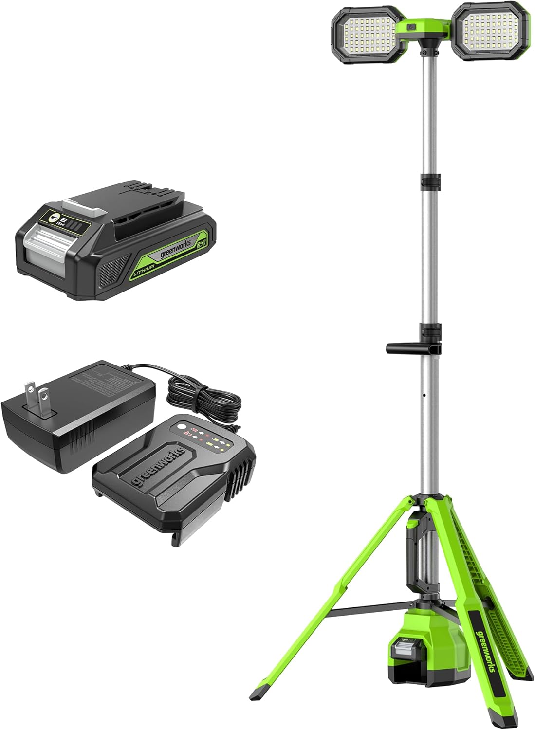 Greenworks 24V 3000 Lumen Hybrid (AC/DC) LED Dual Head Work Light, Dual Power Tower Light with Foldable Tripod Base and Telescoping Shaft, 3 Modes, with 2Ah Battery and Charger - Image 1