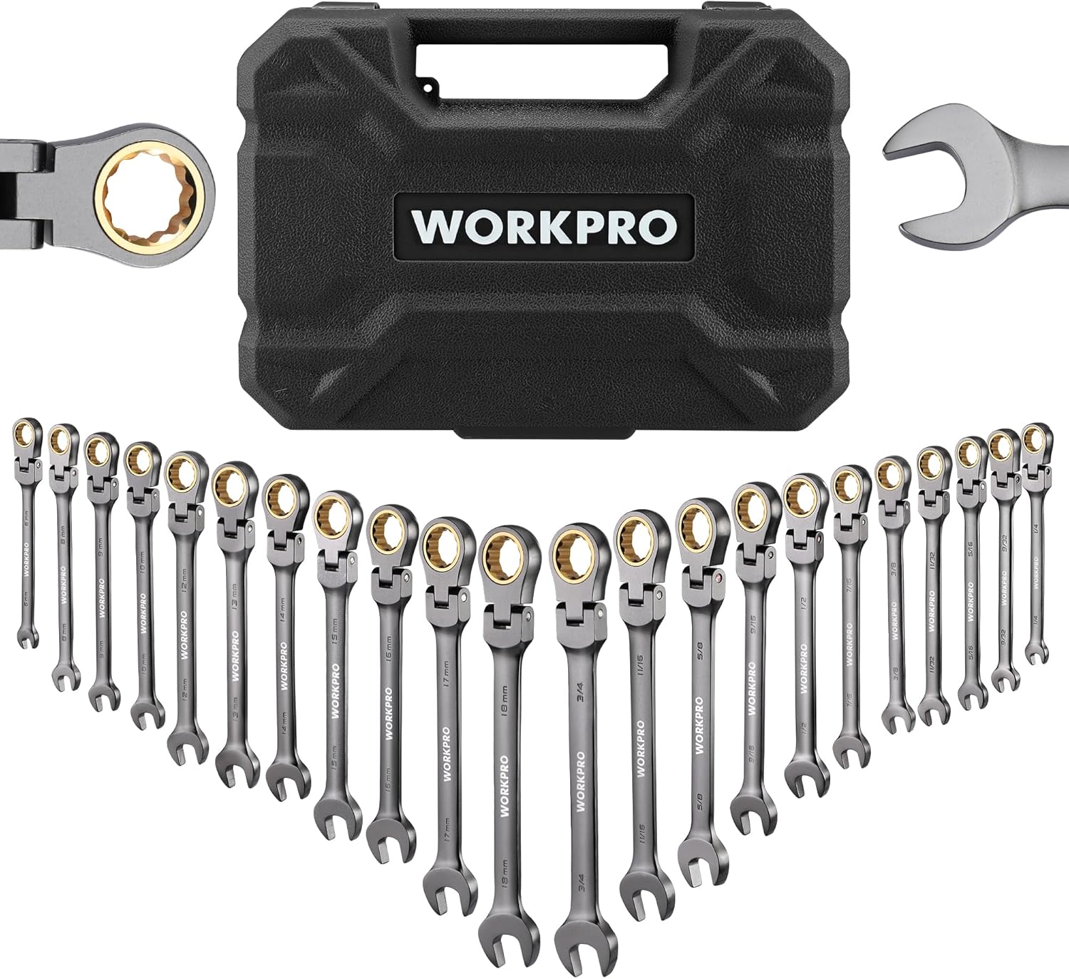WORKPRO 22-Piece Flex-Head Ratcheting Wrench Set, Ratchet Combination Wrench Sets with Organizer Box, Nickel Plating, 72 Teeth, Metric 6-18mm & SAE 1/4-3/4" - Image 1