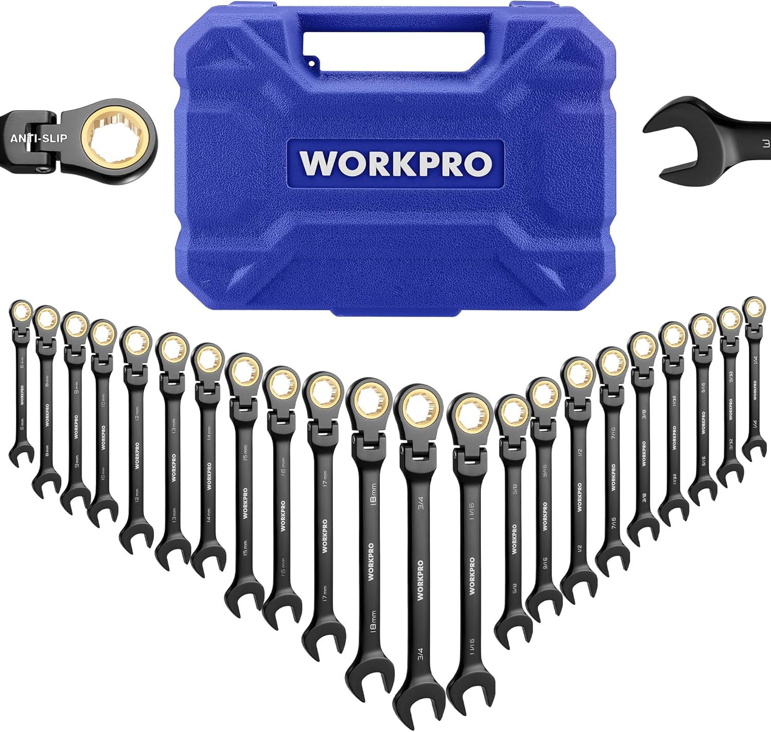 WORKPRO 22-piece Ratcheting Wrench Set with 180° Flex Head, Anti-Slip Tooth, Combination Wrench Sets with Organizer Box, Metric 6-18mm & SAE 1/4-3/4", Black Electrophoretic Coating - Image 1