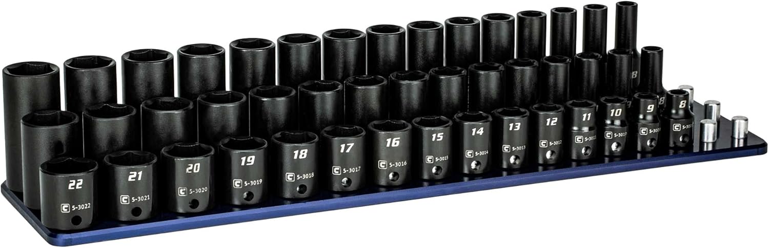 Capri Tools 3/8 in. Drive Shallow, Semi-Deep and Deep Impact Socket Set, Metric, 8 to 22 mm, 45-Piece with Billet Aluminum Socket Rail - Image 1