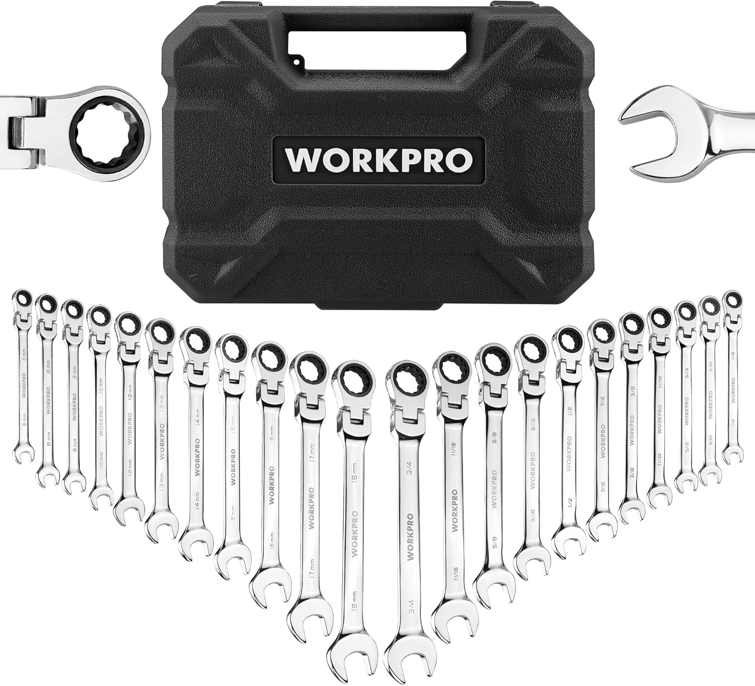 WORKPRO 22-Piece Ratcheting Wrench Set, Flex-Head Ratchet Combination Wrench Sets with Organizer Box, 72 Teeth, Metric 6-18mm & SAE 1/4-3/4" - Image 1