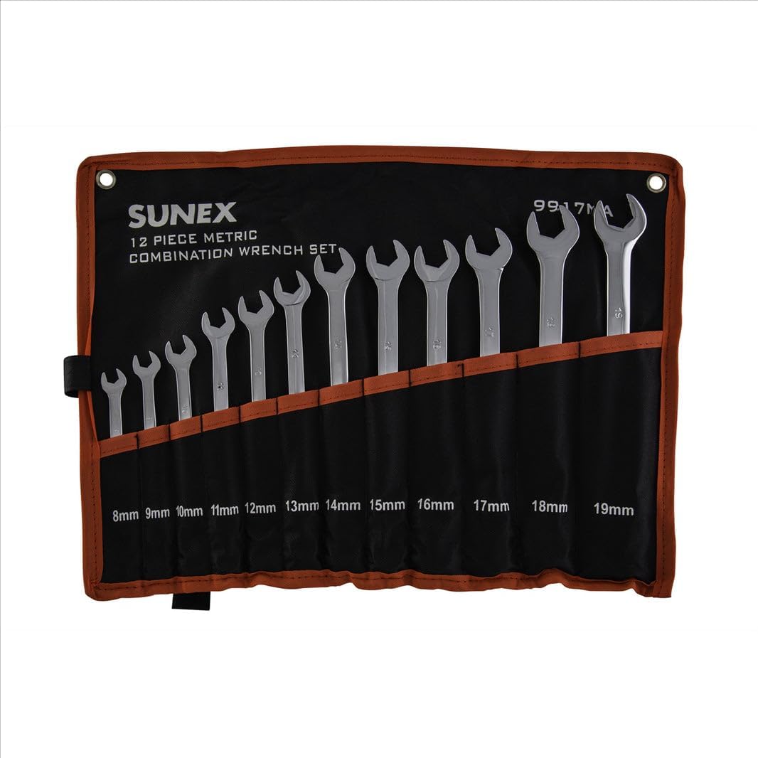Sunex Tools 9917MA Metric V-Groove Combination Wrench Set, 8mm - 19mm, Fully Polished, 12-Piece (Includes Roll-Case) - Image 1