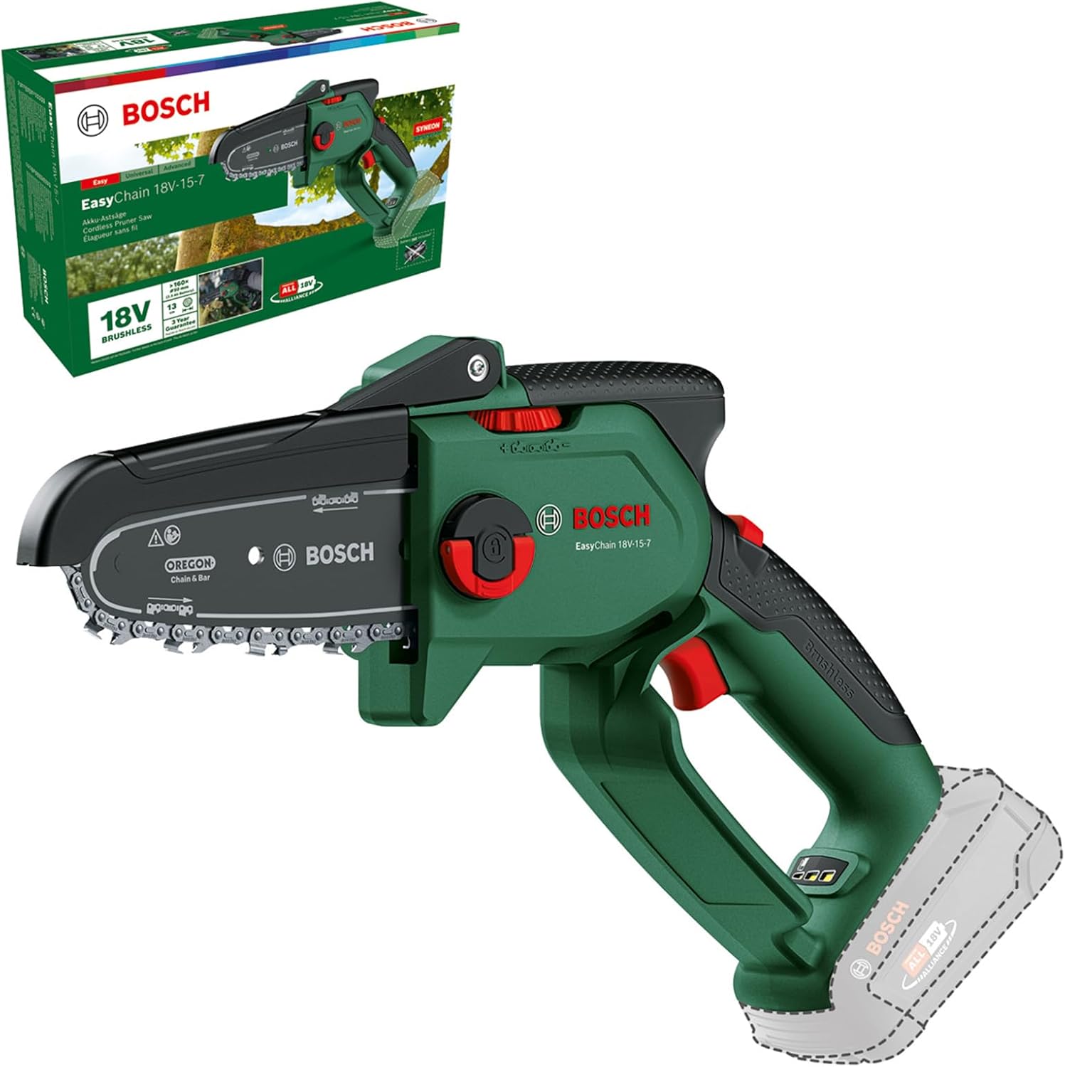 Bosch Home and Garden Cordless Compact Pruner Saw EasyChain 18V-15-7 (for Cutting Through Wood; 18 Volt System; Chain Speed: 6.95m/s; Without Battery) - Image 1