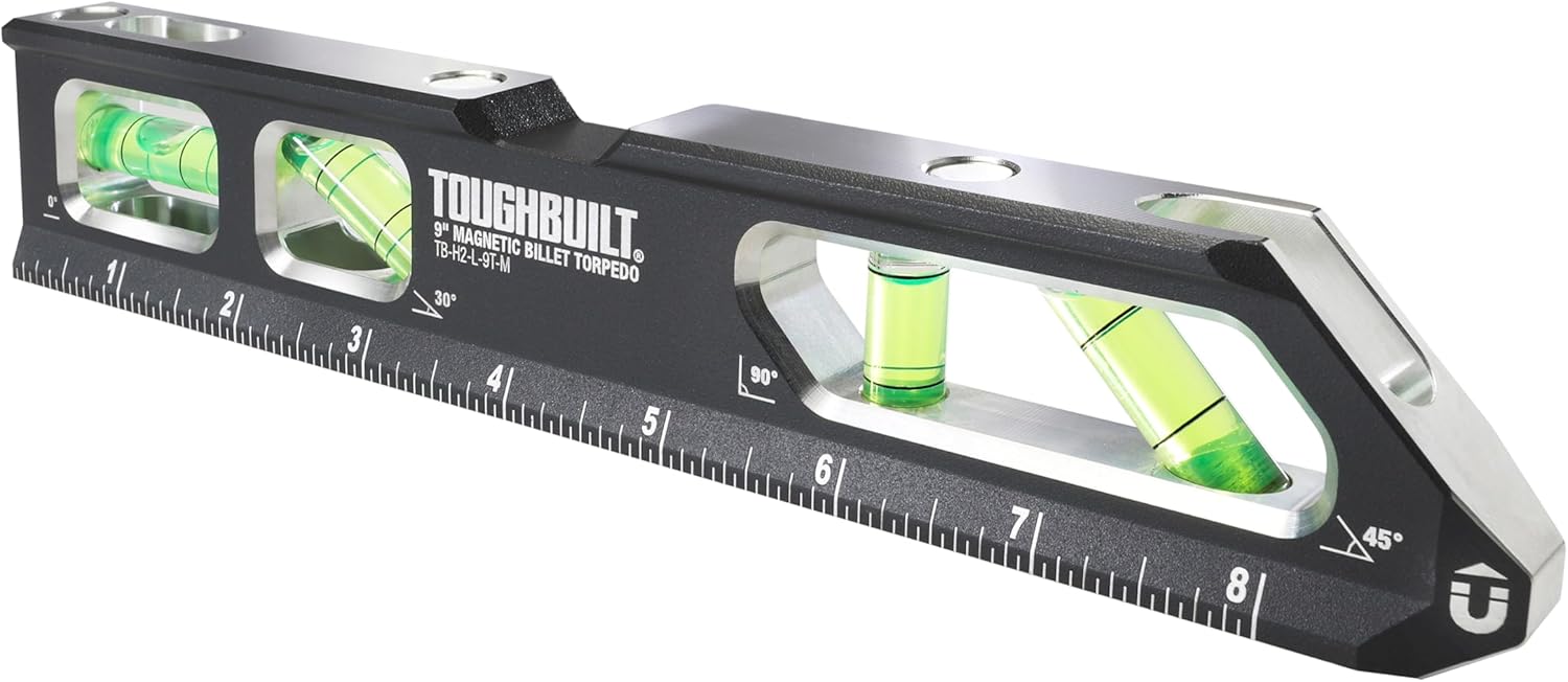 ToughBuilt – 9" Magnetic Billet Torpedo Level, Precision Machined Aluminum Level with Rare Earth Magnets, V-Groove Base, Laser-Etched Markings, Shockproof End Caps Professional Accuracy (TB-H2-L-9T-M) - Image 1