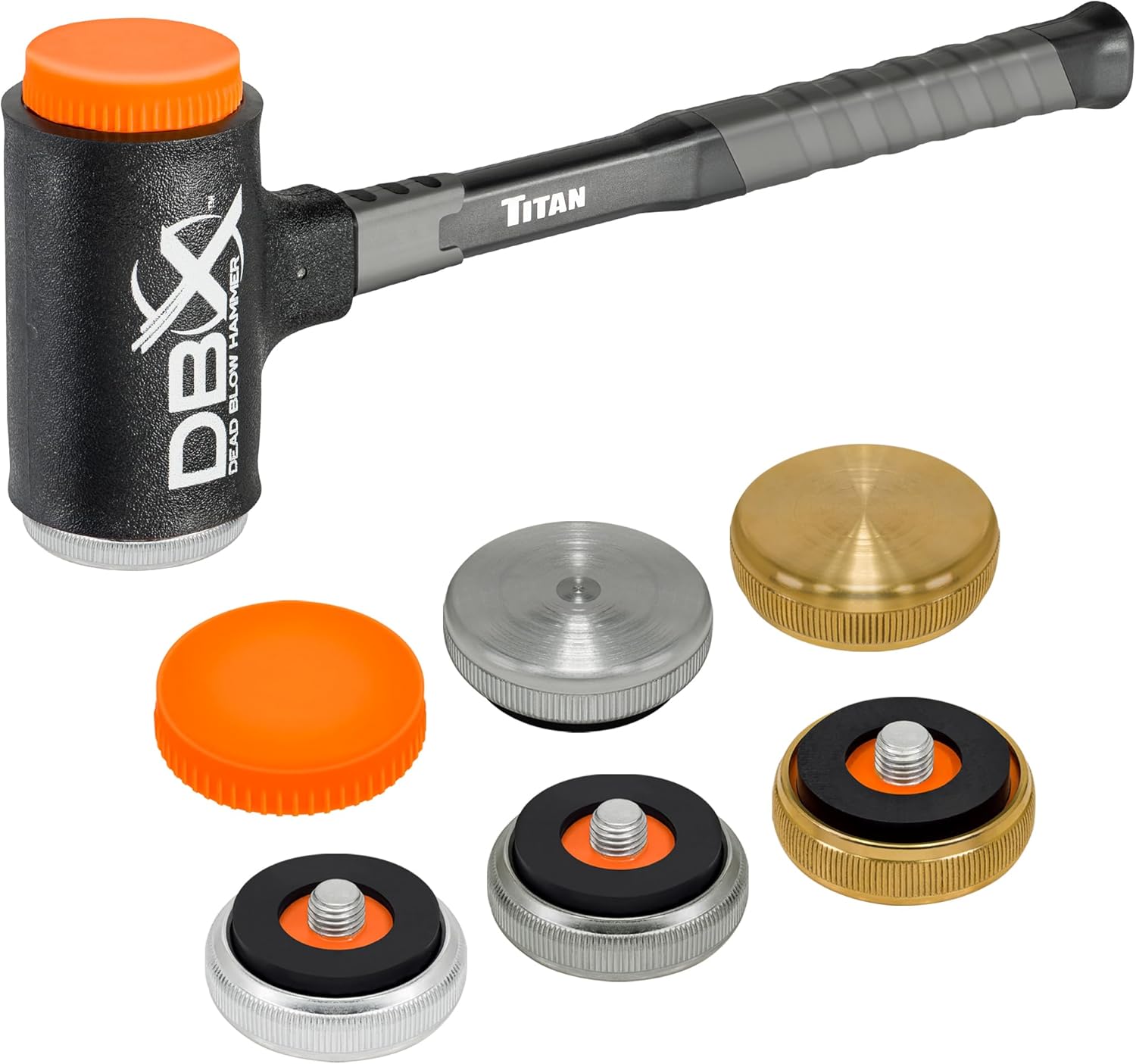 Titan DBX 63634 28oz Dead Blow Hammer Set with Interchangeable Polyurethane, Steel, Aluminum, & Brass Striking Faces, Rebound Resistant, 14" Shock Absorbing Fiberglass Handle with Textured Grip - Image 1