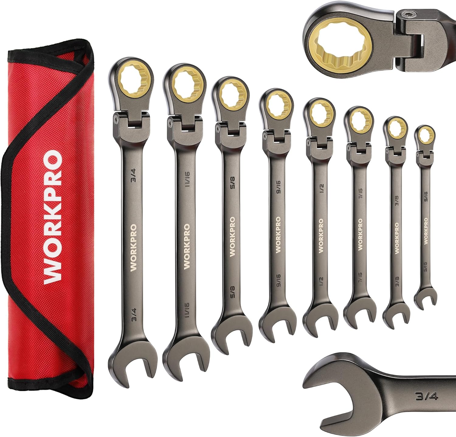 WORKPRO 8-piece Flex-Head Ratcheting Combination Wrench Set, SAE 5/16-3/4 in, 72-Teeth, CR-V Constructed, Nickel Plating with Organizer Bag - Image 1