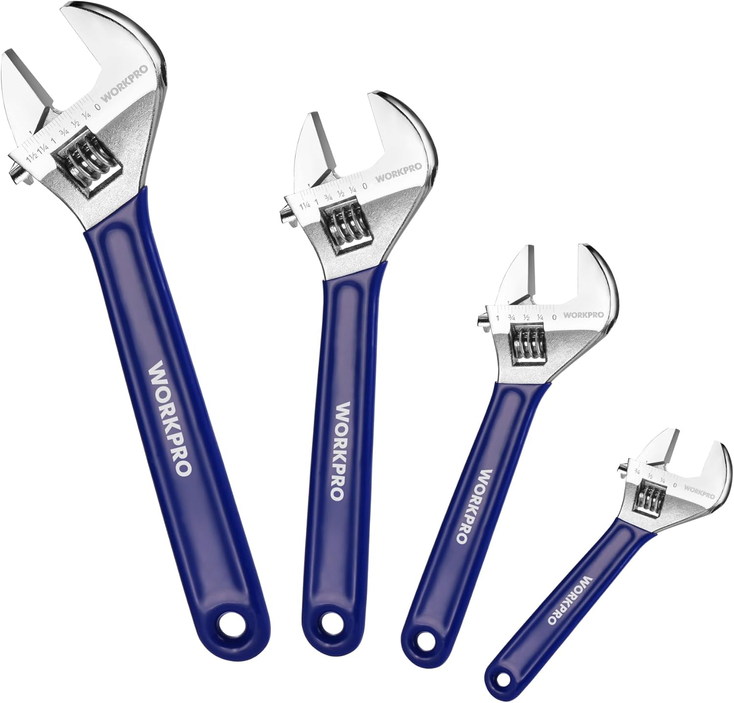 WORKPRO Adjustable Wrench Set, 6-inch, 8-inch, 10-inch, 12-inch Wide Jaw Wrenches with SAE and Metric Scales, Rubber Grip, Heat-Treated Steel for Home Repairs, Plumbing, and Garage Work - Image 1
