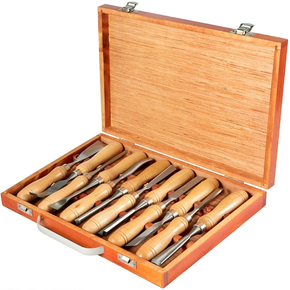VEVOR Wood Chisel Sets 12 pcs Wood Carving Hand Chisel 3-3/4 inch Blade Length,Woodworking Chisels with Red Eucalyptus Handle,Wood Tool Box,for Wood Carving Root Carving Furniture Carving Lathes - Image 1