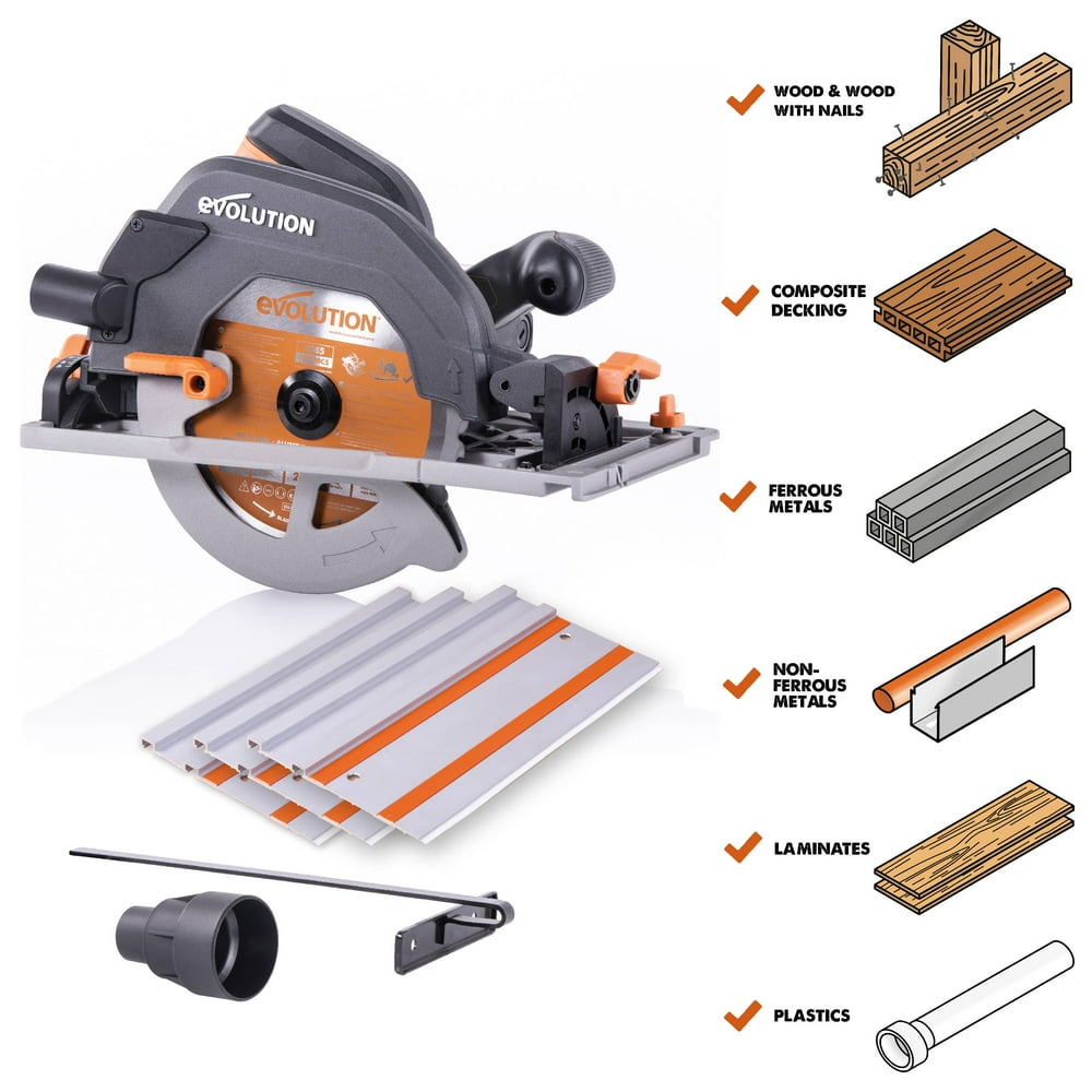 Evolution Power Tools 7-1/4-Inch, 15 Amp, Multi-Material Circular Track Saw with Track, R185CCSX - Image 1