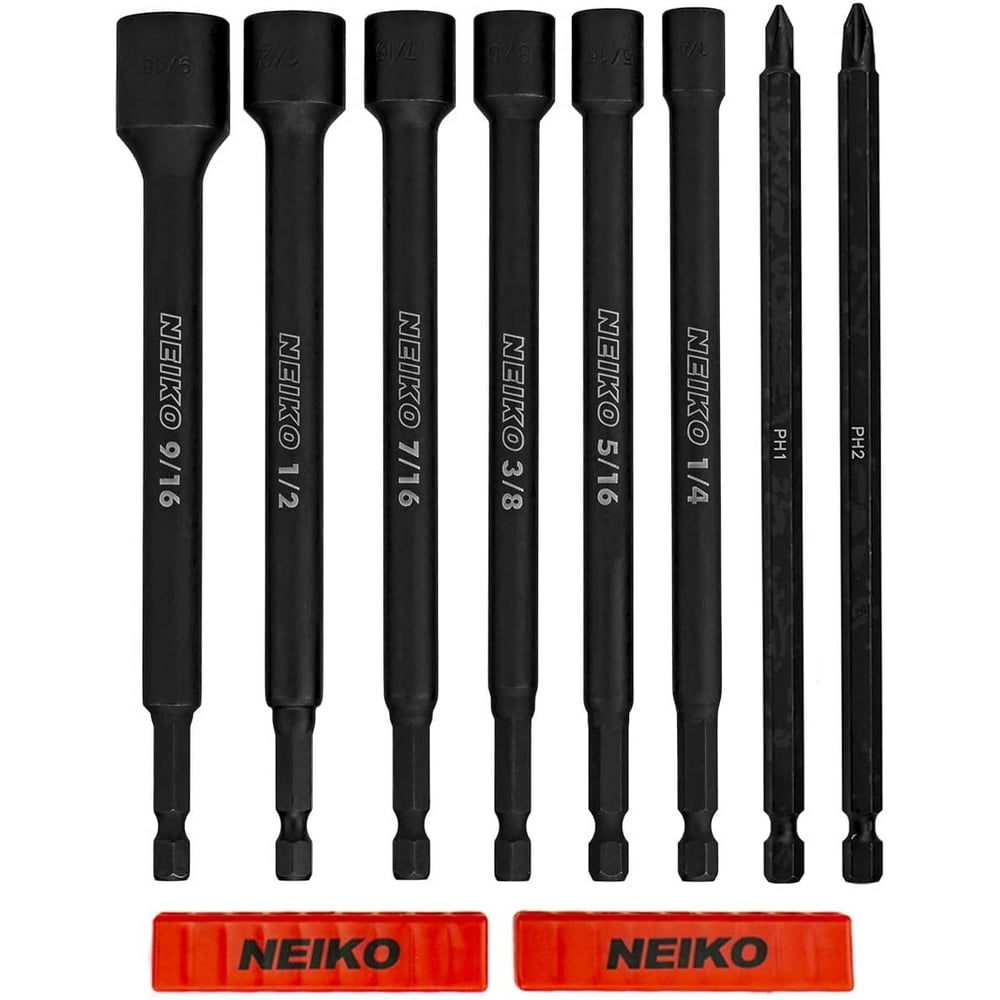NEIKO 10067A Magnetic Impact Nut Driver and Power Bit Tool Set | 8 Pieces, SAE | 6 Inches | Shank Nut Driver Bits Setters | Magnetic Tip Sockets | 1/4 Inch Hex Shank - Image 1