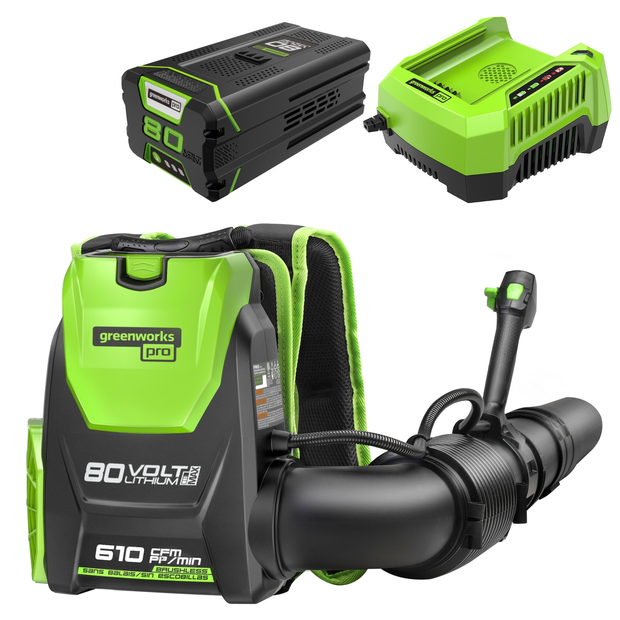 Greenworks 80-volt 610-CFM 180-MPH Battery Backpack Leaf Blower 4 Ah - Image 1