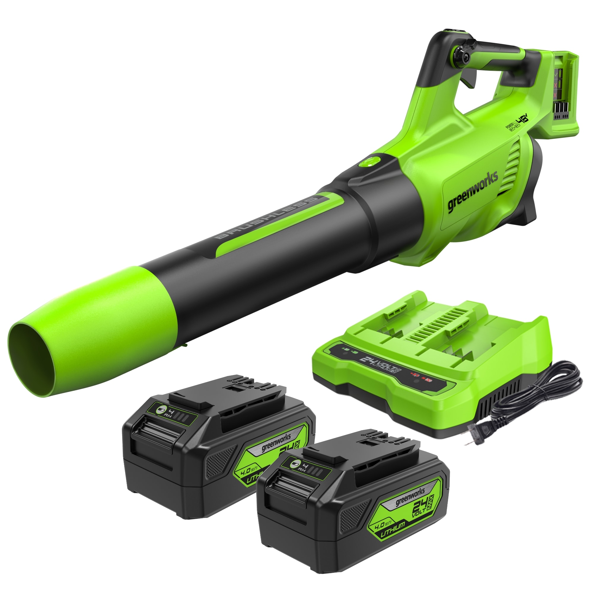 Greenworks 48v (2x24v) 585-CFM 140-MPH Cordless Battery Handheld Leaf Blower with (2) 24v, 4-Ah Batteries and Charger Included - Image 1