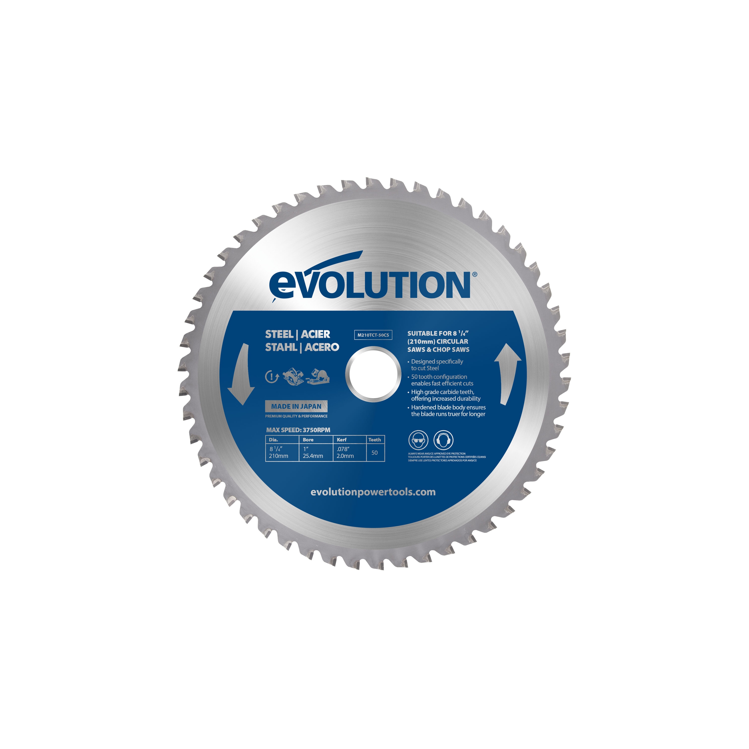 Evolution M210TCT-50CS - 210mm Mild Steel Cutting Blade - Metal Saw Blade with 50 Teeth and Carbide Tipped Generates Virtually No Heat, Burrs or Sparks - Image 1