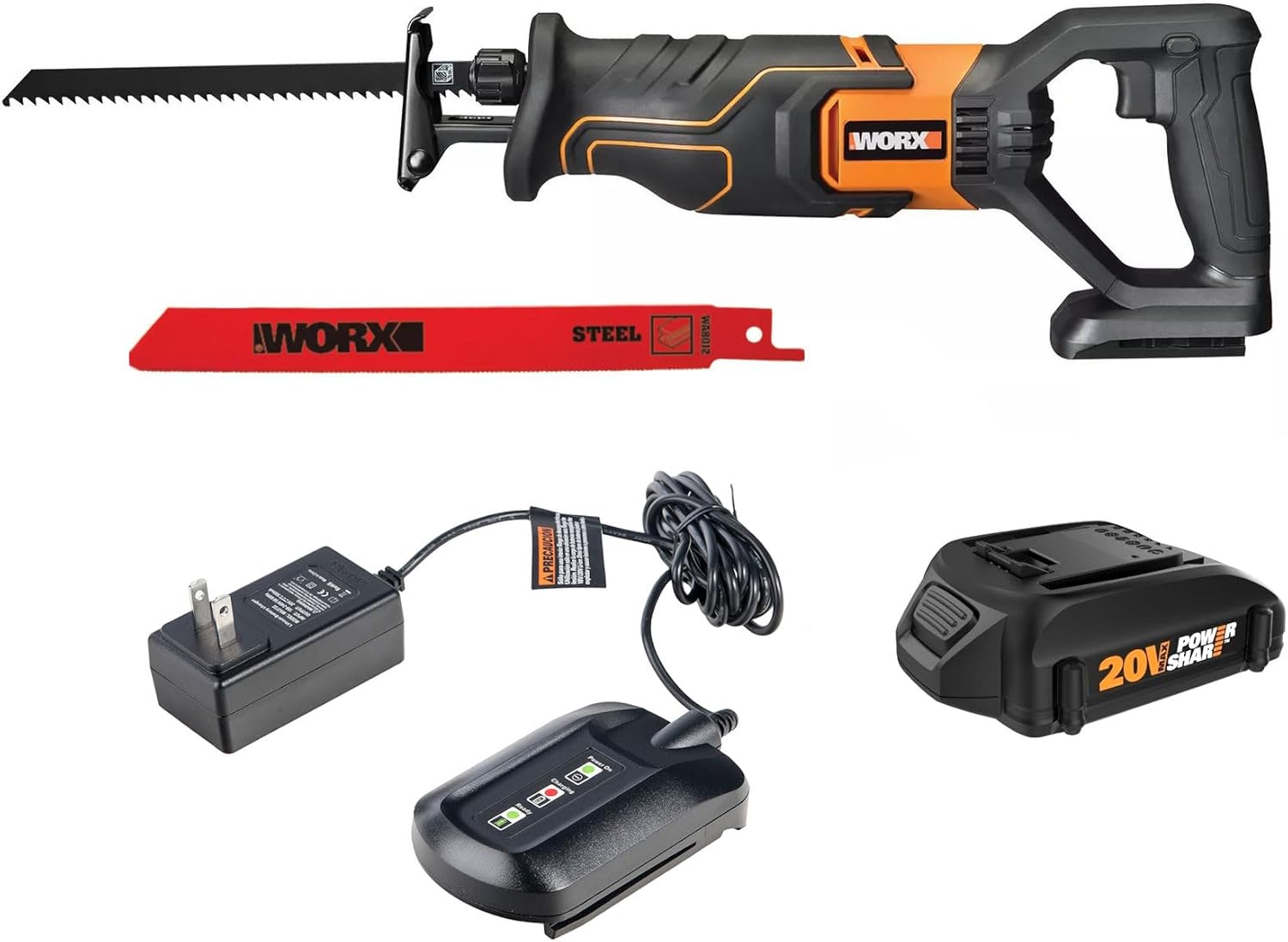 Worx WX500L Cordless 20V Power Share Reciprocating Saw with Battery & Charger - Image 1