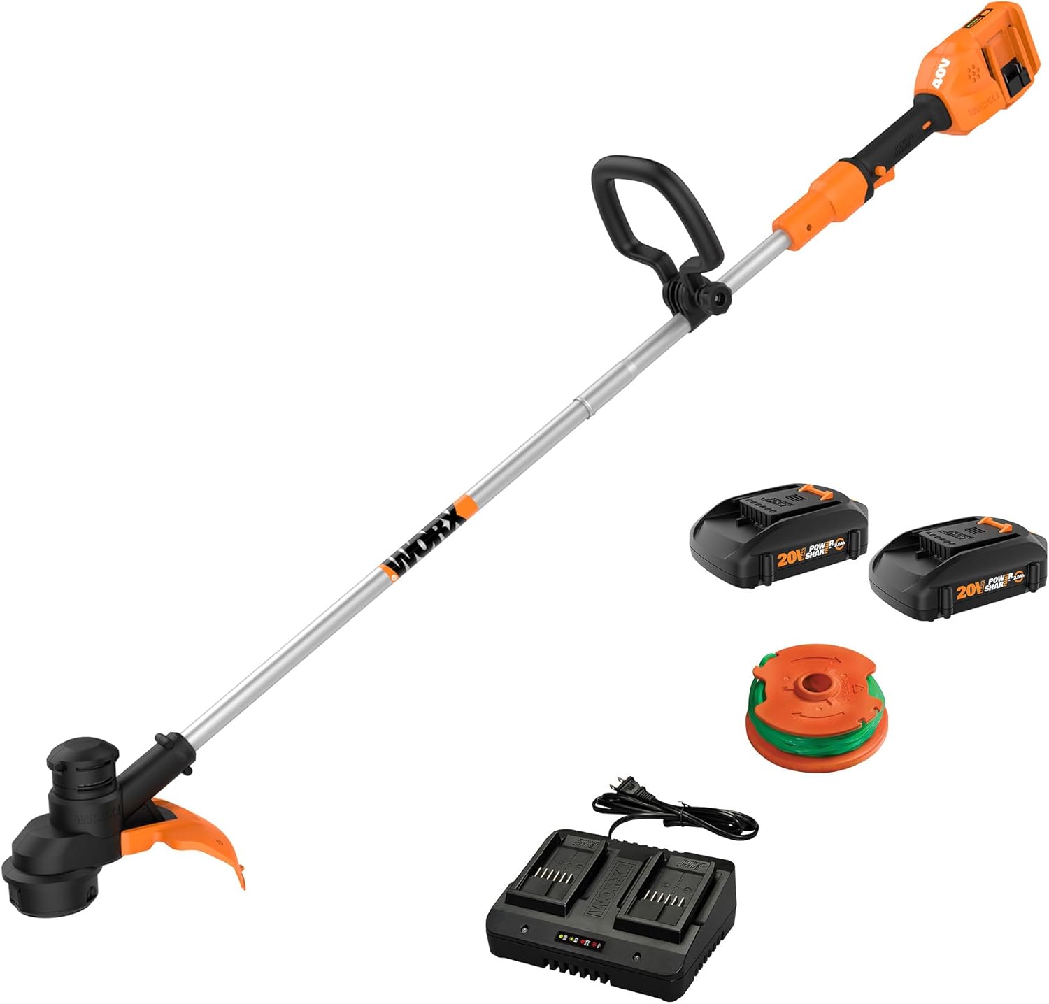 Worx WG183 40V 13" Cordless String Trimmer (Batteries & Charger Included), Black and Orange - Image 1