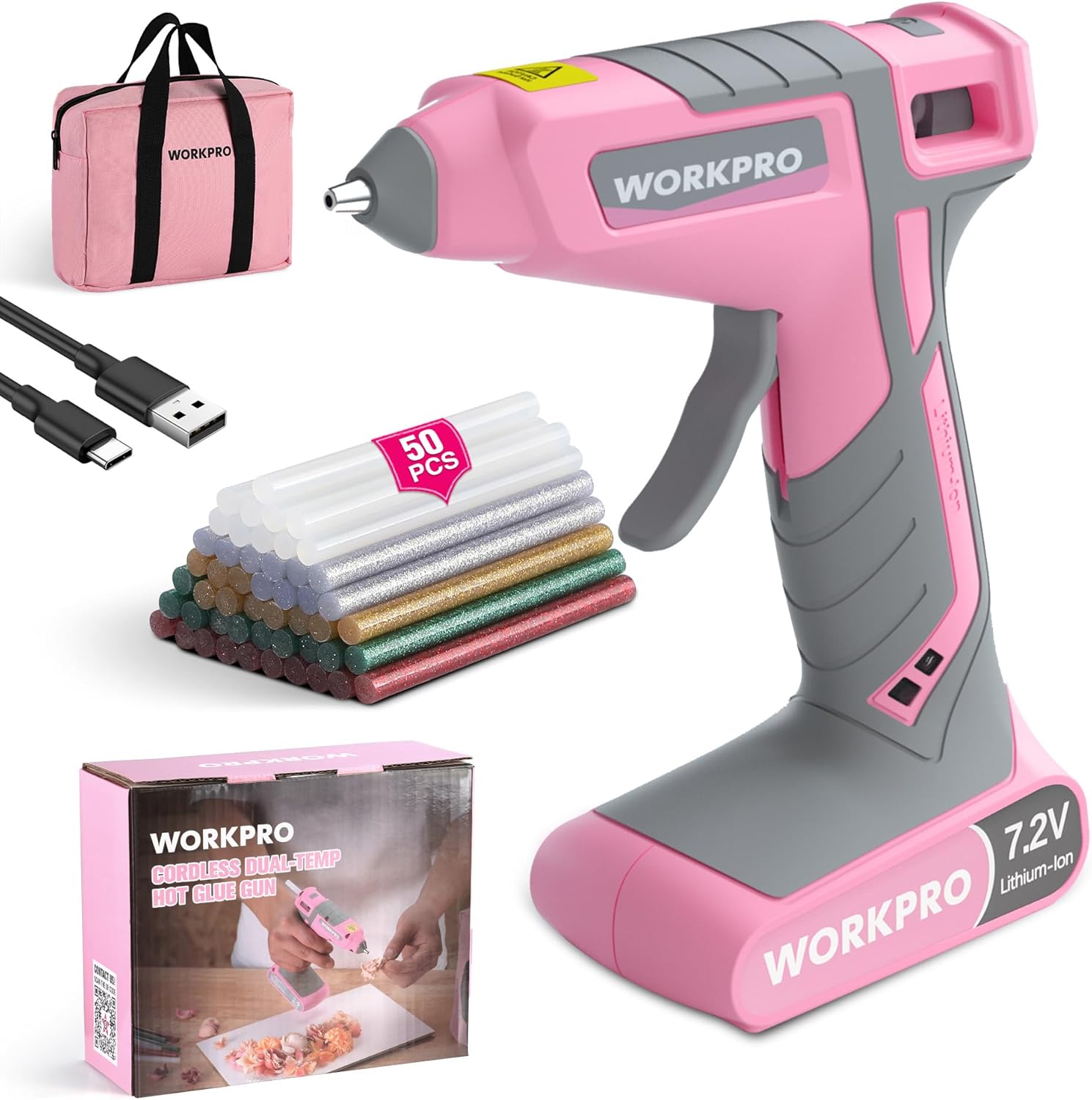 WORKPRO Cordless Hot Glue Gun, 30s Fast Preheating, 7.2V Dual-Temp Glue Gun Kit with 50pcs Glue Gun Sticks, Storage Bag, USB-C Charging Cord, 2600mAh Battery for DIY and Crafting - Image 1