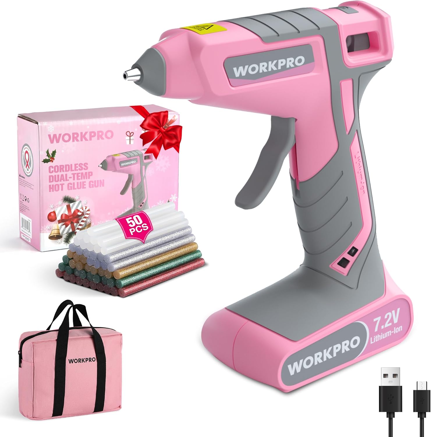 WORKPRO Cordless Hot Glue Gun, 7.2V Glue Gun with 50 Pcs Premium Mini Glue Sticks and Storage Bag, 2600mAh Type-C Rechargeable, Dual-Temp Hot Glue Gun Kit for DIY, Crafting and Arts - Image 1