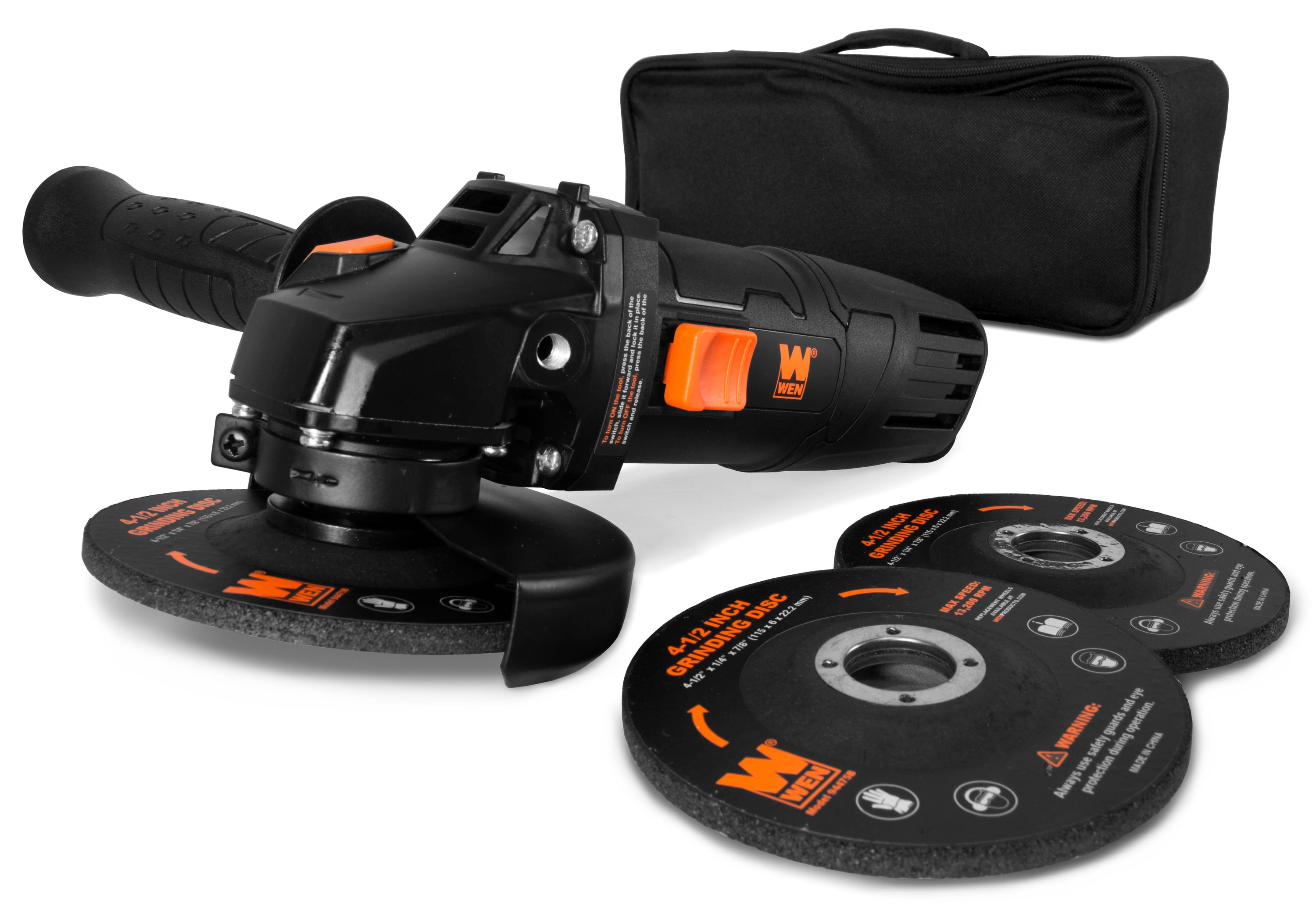 WEN 94475 7.5-Amp 4-1/2-Inch Angle Grinder with Reversible Handle, Three Grinding Discs, and Carrying Case, Black,orange - Image 1