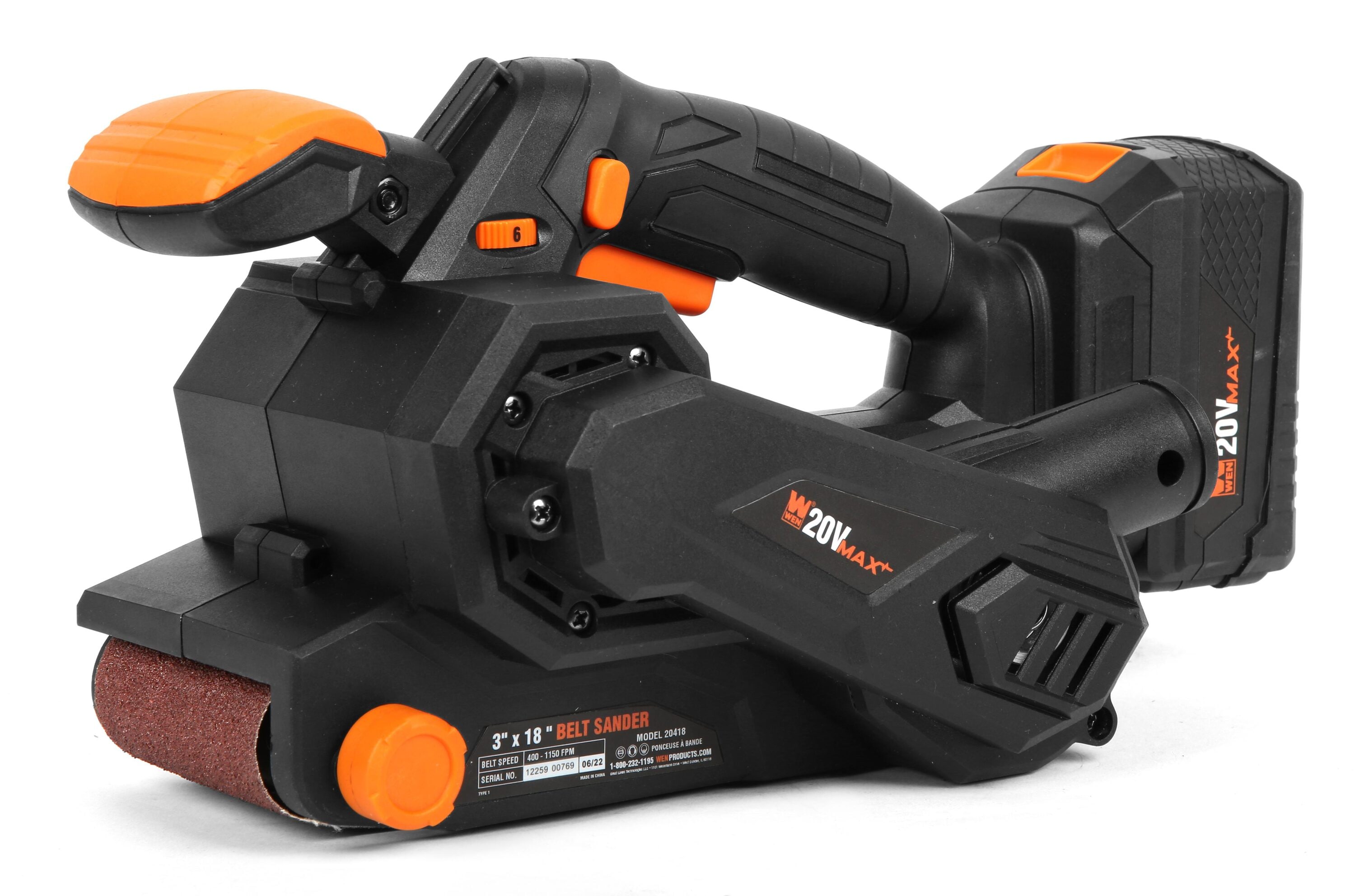 WEN 20418 20V Max Cordless Belt Sander, Variable Speed, Handheld and Portable with 4.0Ah Battery and Charger - Image 1