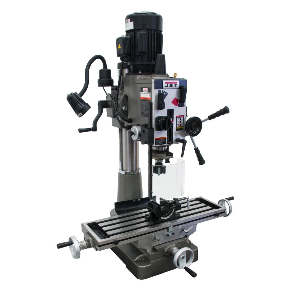 JET Geared Head Mill Drill, Power Downfeed, Newall NMS300 DRO 15 -Amp 5 -Speed Bench Drill Press - Image 1