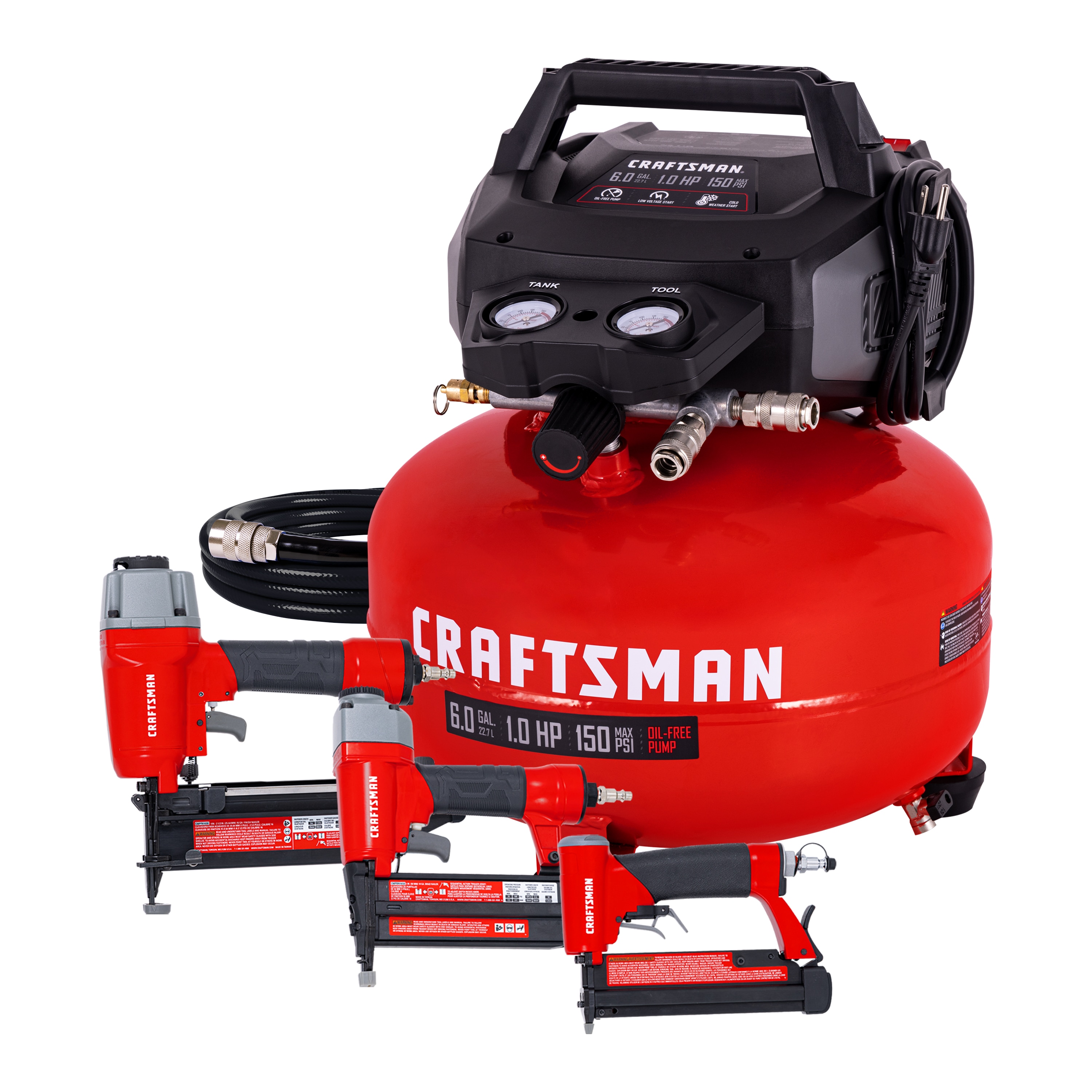 Craftsman 6-Gallon Pancake Air Compressor 4-Tool Combo Kit, 150 PSI, Oil-Free, Includes 16GA Finish Nailer, 18GA Brad Nailer, 23GA Pin Nailer & 25-Ft Air Hose, Model CMXECXA0210641K - Image 1