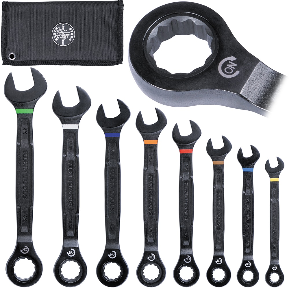 Klein Tools 90-Tooth Ratcheting Combo Wrench Set, SAE, 8-Piece - Image 1