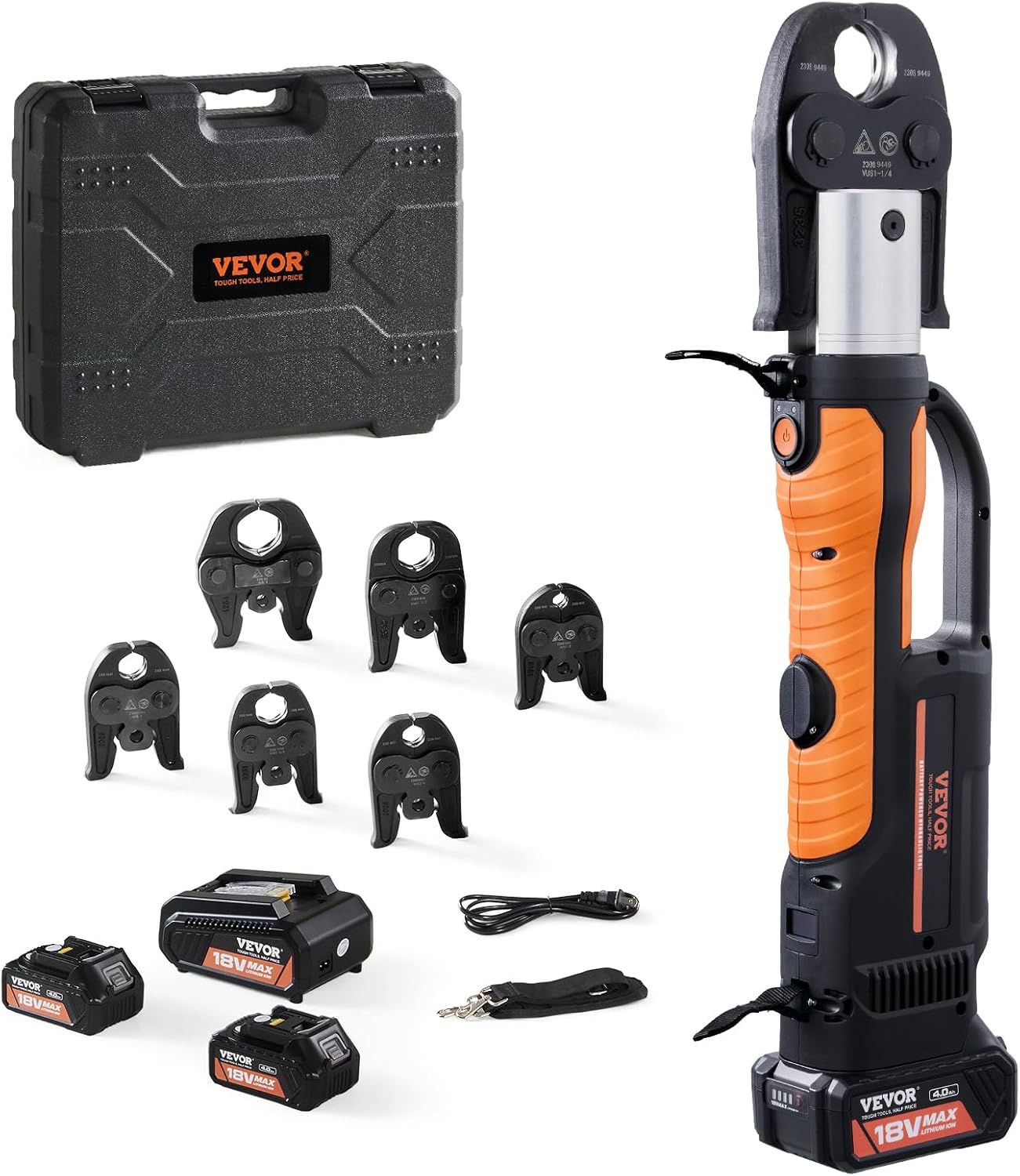 VEVOR Pro Press Tool, 18V Electric Pipe Crimping Tool for 1/2" to 2" Copper Pipes, Press Tool Kit with 6 Pro Press Jaws, 2pcs 4AH Battery, Fast Charger & Carrying Case - Image 1