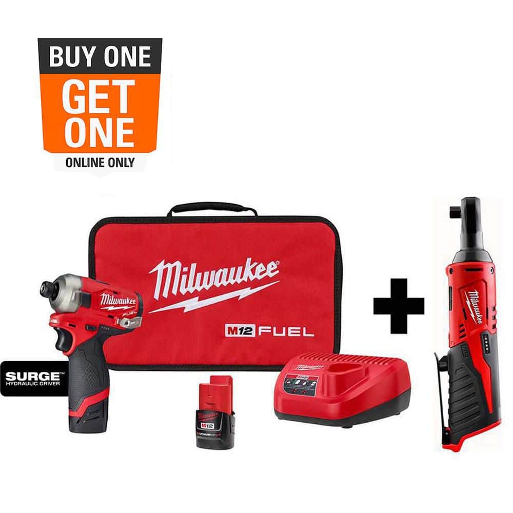 M12 FUEL SURGE 12V Lithium-Ion Brushless Cordless 1/4 in. Hex Impact Driver Compact Kit w/ M12 3/8 in. Ratchet - Image 1