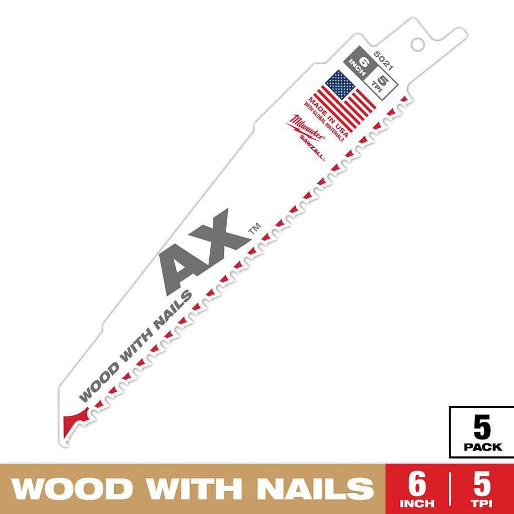 6 in. 5 TPI AX Nail-Embedded Wood Cutting SAWZALL Reciprocating Saw Blades (5-Pack) - Image 1