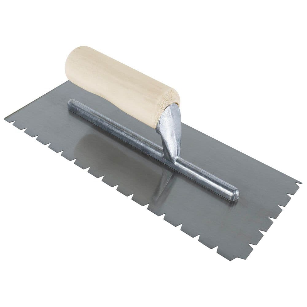 Pro 11 in. x 4-1/2 in. Hardened and Tempered Steel Blade Notched Flooring Flat-Top-V-Notch Trowel - Image 1