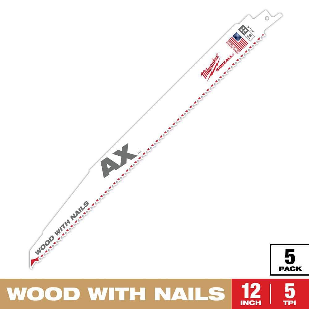 12 in. 5 TPI AX Nail-Embedded Wood Cutting SAWZALL Reciprocating Saw Blades (5-Pack) - Image 1