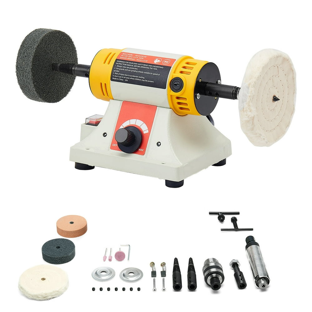 KFFKFF Bench Buffer Polisher, 1/2HP Polishing Machine, Adjustable 0-8000RPM Benchtop Grinder with 4" Cloth Wheel, 3" Grinding Wheel & 3" Fiber Wheel for Metal, Jewelry, Wood, and Plastic - Image 1