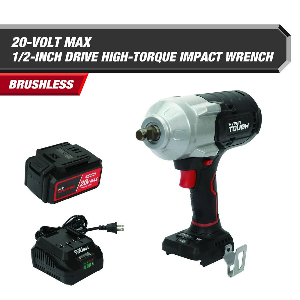 Hyper Tough 20V Max Brushless 1/2-inch High-Torque Cordless Impact Wrench with 4.0Ah Lithium-Ion Battery and Charger - Image 1