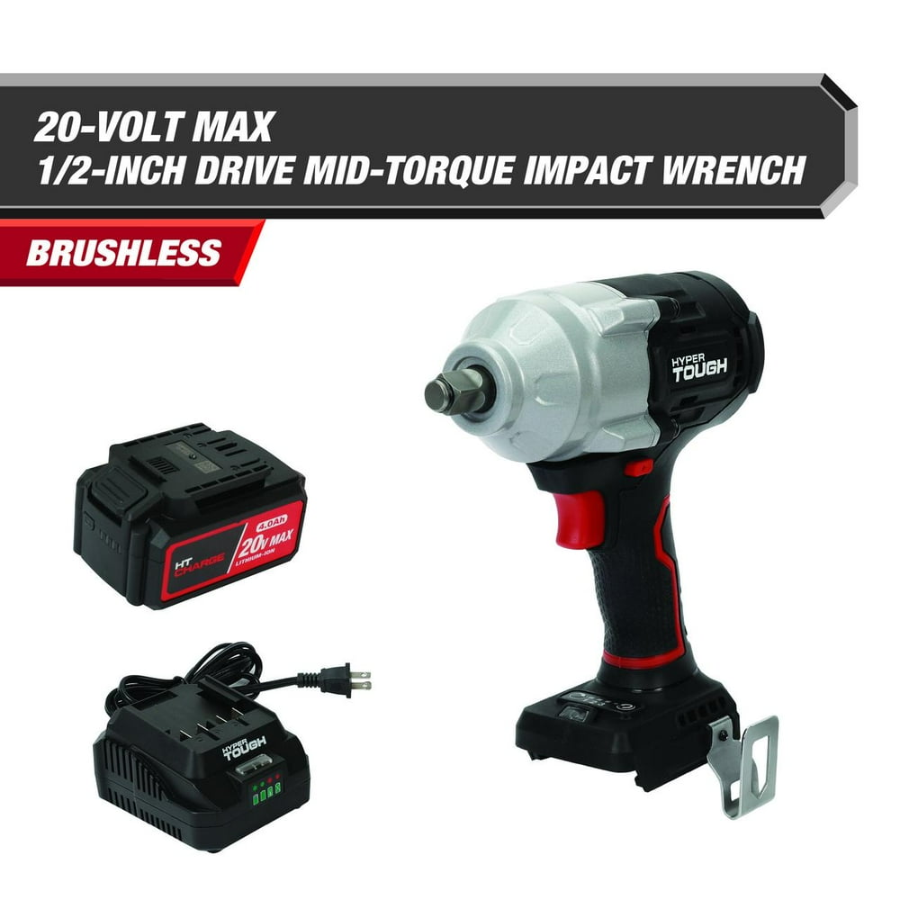 Hyper Tough 20V Max Brushless 1/2-inch Mid-Torque Cordless Impact Wrench with 4.0Ah Lithium-Ion Battery and Charger - Image 1