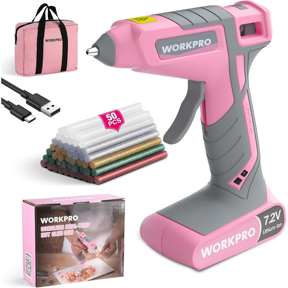 WORKPRO Cordless Hot Glue Gun, 30s Fast Preheating, 7.2V Dual-Temp Glue Gun Kit with 50pcs Glue Gun Sticks, Storage Bag, USB-C Charging Cord, 2600mAh Battery for DIY and Crafting - Image 1