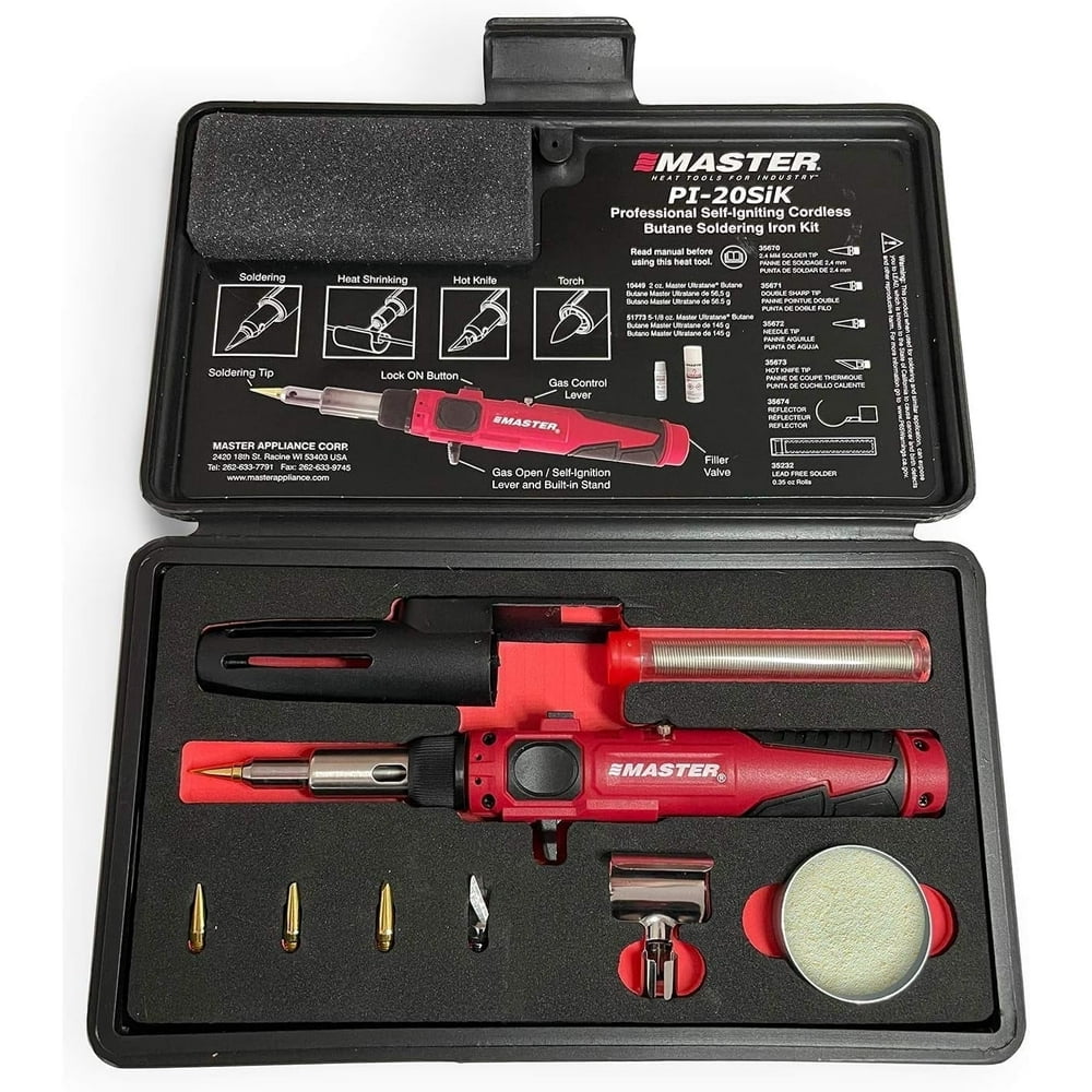 Master Appliance PI-20SiK Professional Cordless Butane Soldering Iron Kit [portable soldering station & heat tool] - Self-Igniting w/Adjustable Temperature - 680F - 820F, refillable with butane fuel - Image 1