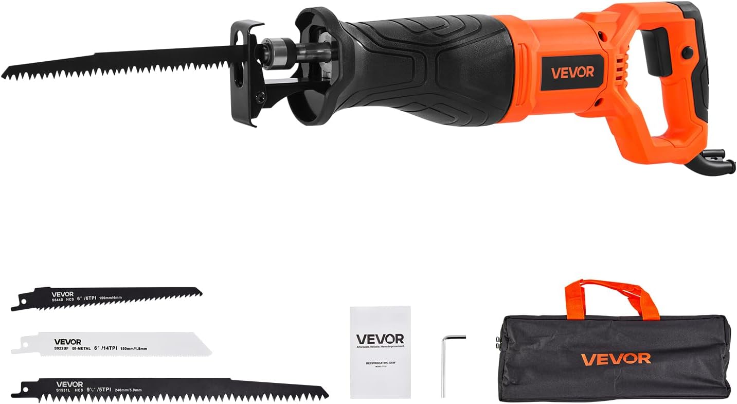 VEVOR Corded Reciprocating Saw, 120 Volt 7.5 Amp, 2800 SPM Variable Speed, 1-1/8 inch Stroke Length, Electric Reciprocating Saw with 8 Blades and Carrying Bag, for Wood, Metal, and Plastic Cutting - Image 1