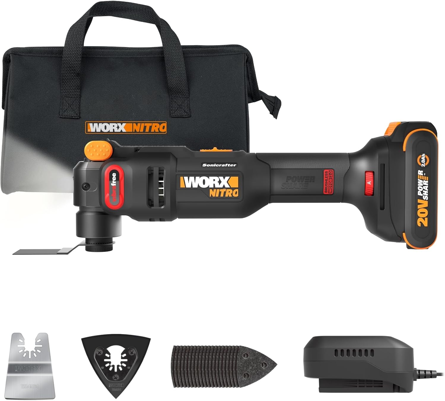 Worx Nitro 20V Cordless Oscillating Multi Tool with 5° Oscillation Angle, VibraFree Technology, Slim-body Design, 2.0 Ah Battery and Charger Included, 23 Pieces Accessories with Carrying Bag, WX698L - Image 1