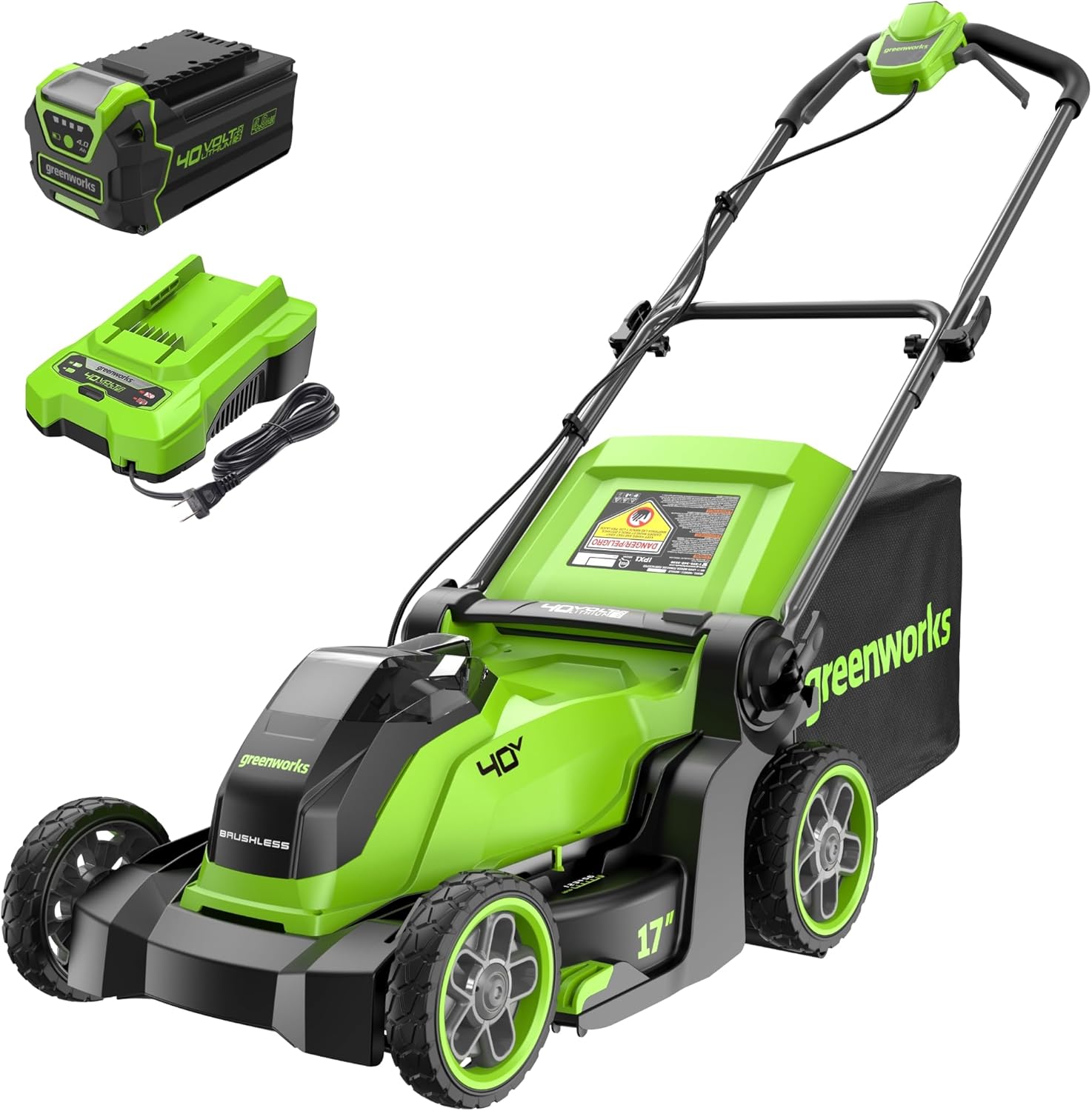 Greenworks 40V 17” Brushless (Push) Cordless Lawn Mower, 4.0Ah Battery and Charger - Image 1