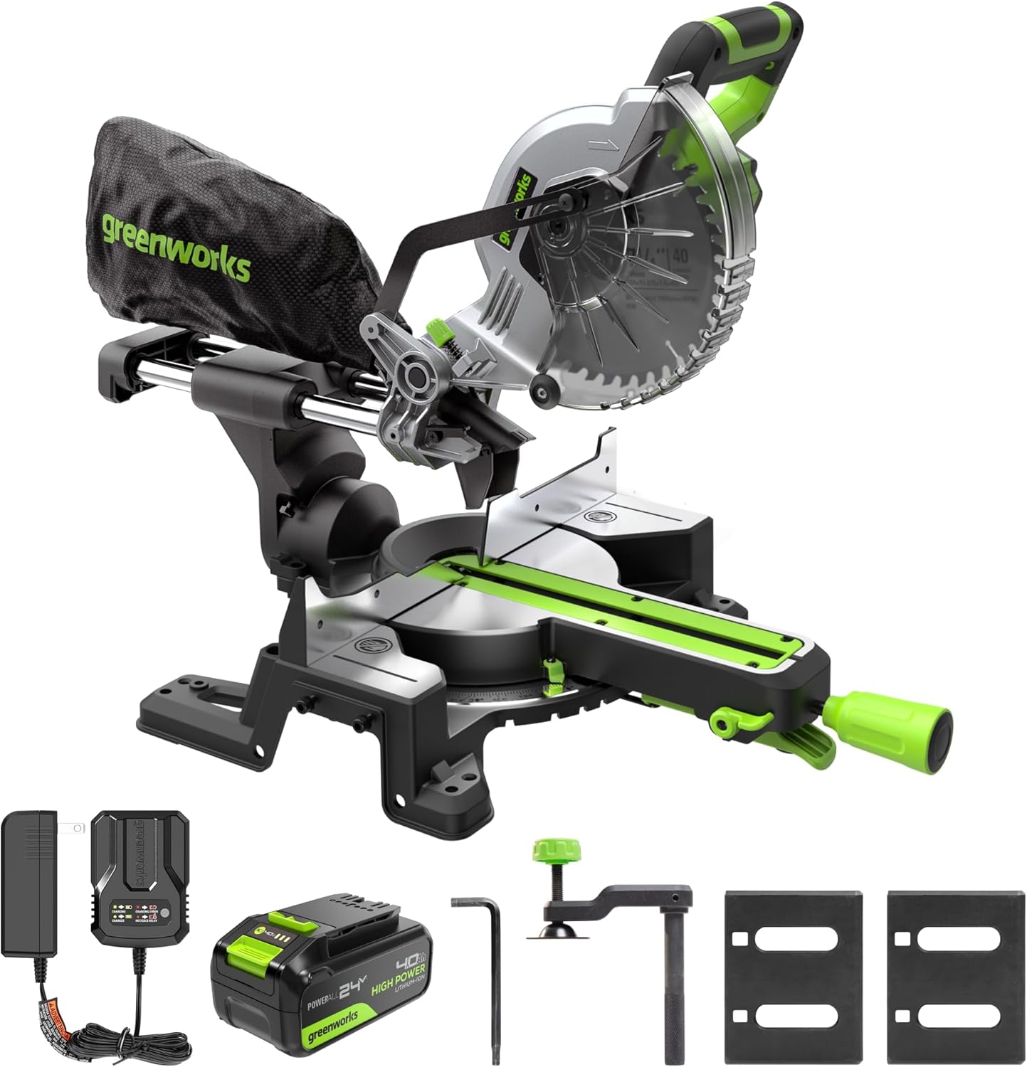 Greenworks 24V Brushless 7-1/4" Sliding Compound Miter Saw Kit, 4800RPM, Single Bevel 0-47°, LED Cut Line, Dust Collection, 4.0Ah Battery & Charger Included - Image 1