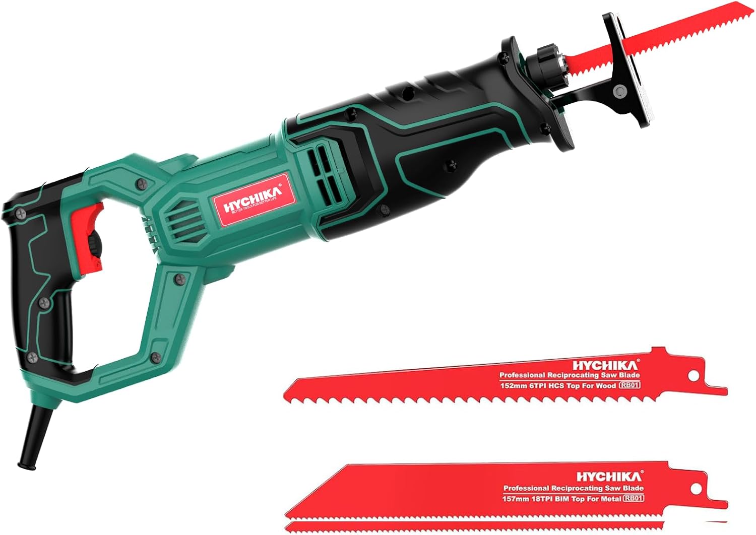 HYCHIKA reciprocating saw, variable speed corded reciprocating saw, 9.8 ft cable, with 2PCS blades for wood/metal, 0-2800 SPM variable speed trigger. - Image 1
